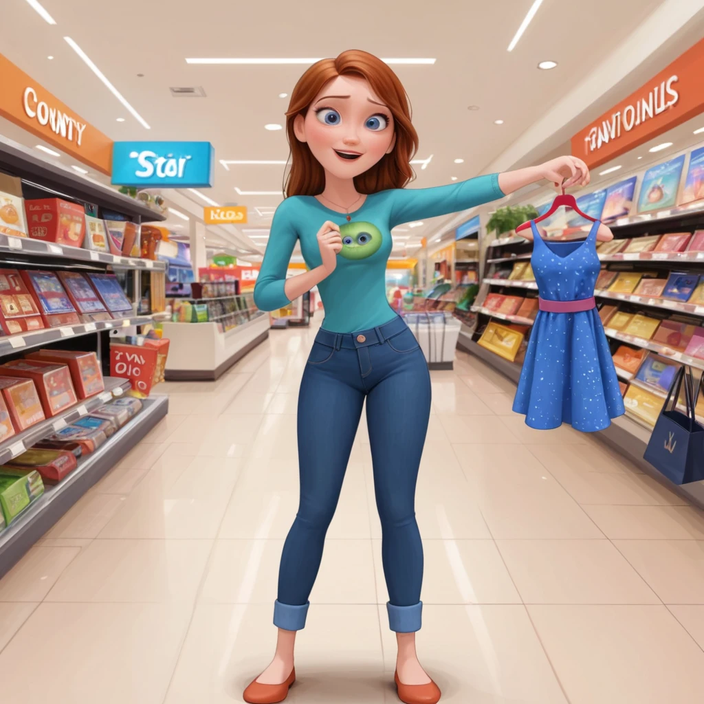a full body woman, happy woman in a clothing store holding 8 bags clothing bags in a shopping mall, A young woman buying her clothes, pixar movie screenshot, frame from pixar film, Still from a Pixar film de 2015, Still from a Pixar film, depicted as a pixar character, pixar character, as a pixar character, pixar”, da Pixar, cute pixar character design