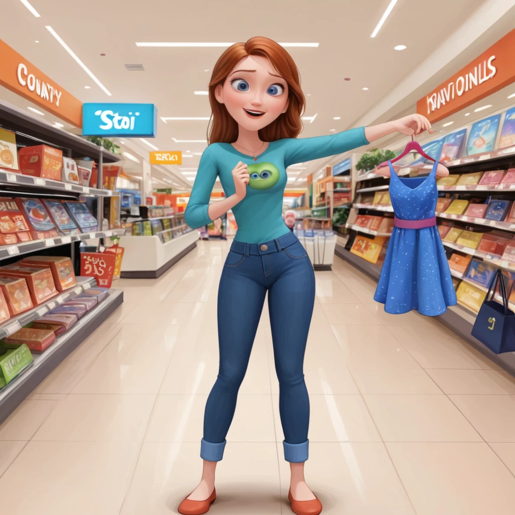 a full body woman, happy woman in a clothing store holding 8 bags clothing bags in a shopping mall, A young woman buying her clothes, pixar movie screenshot, frame from pixar film, Still from a Pixar film de 2015, Still from a Pixar film, depicted as a pixar character, pixar character, as a pixar character, pixar”, da Pixar, cute pixar character design