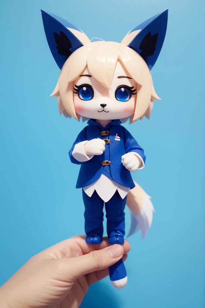 Make a Chibi fox, holding an MDF, blue background.