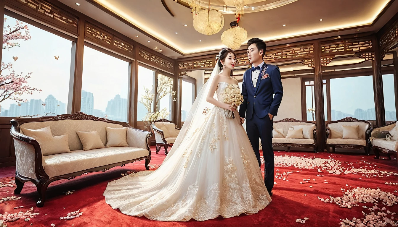 Chinese modern western style wedding scene。RAW photos,Best quality,(reality,照⽚reality感:1.3),masterpiece,Extremely exquisite and beautiful,High resolution,Original,Perfect lighting,(Extremely detailed CG:1.2),Unification,2k wallpaper,Amazing,fine