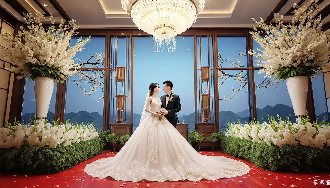 Chinese modern western style wedding scene。RAW photos,Best quality,(reality,照⽚reality感:1.3),masterpiece,Extremely exquisite and beautiful,High resolution,Original,Perfect lighting,(Extremely detailed CG:1.2),Unification,2k wallpaper,Amazing,fine
