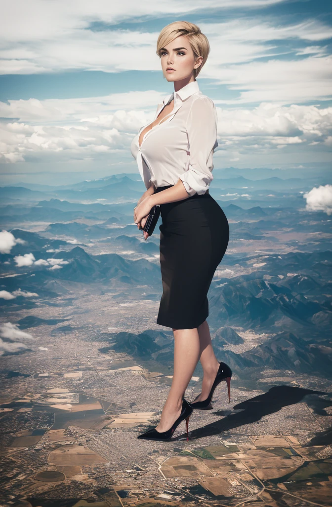 Zoey Deutch, (masterpiece, best quality, best shadows, best shading, perfect hands, perfect face, cinematic lighting, colorful, ultra-detailed, beautiful photography, character focus, extremely-detailed, photorealistic, hyper photorealism, atmospheric), (rural destruction:1.2), (giantess, stereotypical office worker), (dirty, filthy, unwashed, sweaty, unkempt, angry, tired, exhausted, annoyed), (walking, mid stride, stepping down on, stomping, crush, rampage), (black patent Louboutin pointed toe pumps, high heels, stiletto heels), ((revealing crisp white blouse, short black pencil skirt)), (short blonde pixie hair), (high altitude photography, satellite view), (exposed cleavage, heaving bosom, legs), (urban sprawl, farmland and small towns, destruction, buildings, roads), (cloudy, overcast, clouds and atmosphere partly obscuring the subject, hazy atmosphere, haze in foreground, wispy clouds)