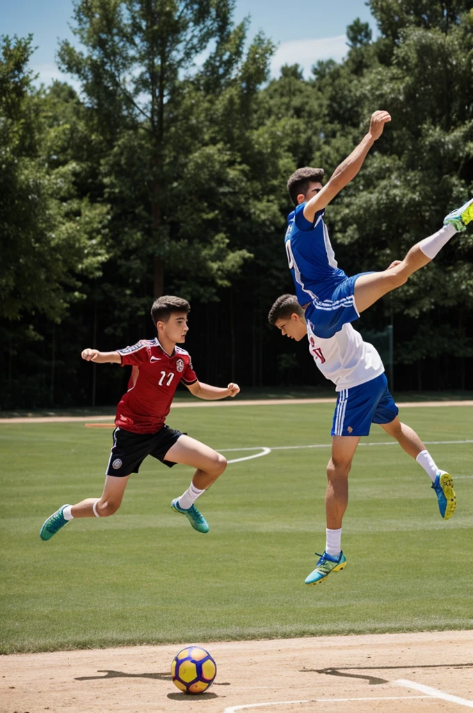Two teen teammates boys kicking a socker ball in highjump sideview and landscape shot
