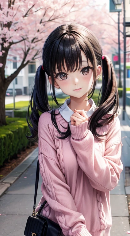 Standing under a cherry tree, Japanese Girls, 15 years old, a bit, cute, (Pale pink oversized knit sweater:1.3), Sparkling Eyes, Black hair twin tails, Depth odebt the bounds written, debt/1.8, Anatomically correct, Rough skin, Very detailed, Advanced Details, high quality, Very detailed, Advanced Details, high quality, 最high quality, High resolution