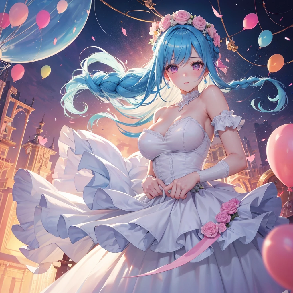 sky Blue hair, (braided ponytail),(pink eyes),fair skin ,(full body),(1 girl),bride,blush,Straight Bangs, June Bride,Wedding dress,(masterpiece, best quality, ultra-detailed, best shadow), (detailed background), (beautiful detailed face), high contrast, (best illumination, an extremely delicate and beautiful), ((cinematic light)), colorful, hyper detail, dramatic light, intricate details,Wedding hall, Balloons flying in the sky,Glaring Sun,
