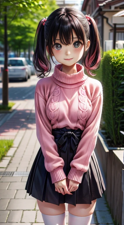 Standing under a cherry tree, Japanese Girls, , a bit, cute, (Pale pink oversized knit sweater:1.3), Sparkling Eyes, Black hair twin tails, Depth odebt the bounds written, debt/1.8, Anatomically correct, Rough skin, Very detailed, Advanced Details, high quality, Very detailed, Advanced Details, high quality, 最high quality, High resolution