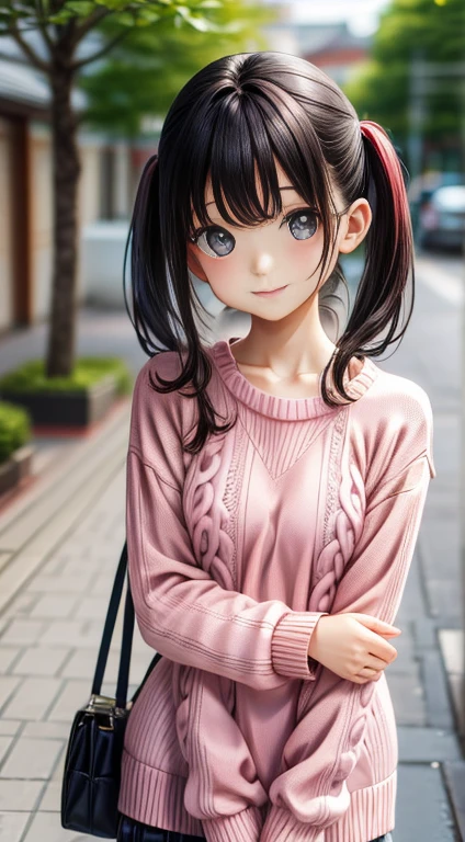 Standing under a cherry tree, Japanese Girls, 15 years old, a bit, cute, (Pale pink oversized knit sweater:1.3), Sparkling Eyes, Black hair twin tails, Depth odebt the bounds written, debt/1.8, Anatomically correct, Rough skin, Very detailed, Advanced Details, high quality, Very detailed, Advanced Details, high quality, 最high quality, High resolution