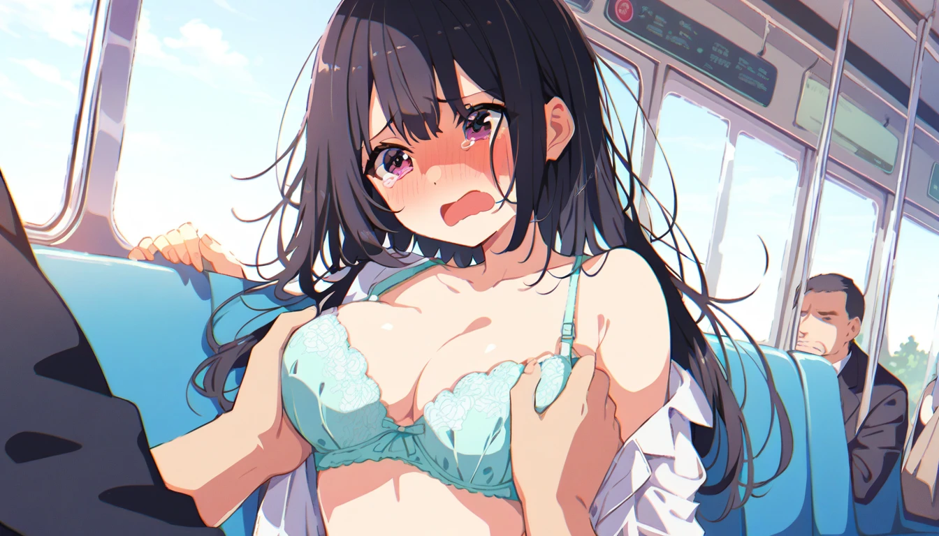 A girl with black hair, crying, pure and bare torso, with erect nipples and pale pubic hair, wearing a floral bra, floral panties and a checked skirt, is on a train, feeling embarrassed and scared, and resisting with a naked middle-aged man grabbing her breasts with both hands over her bra.
