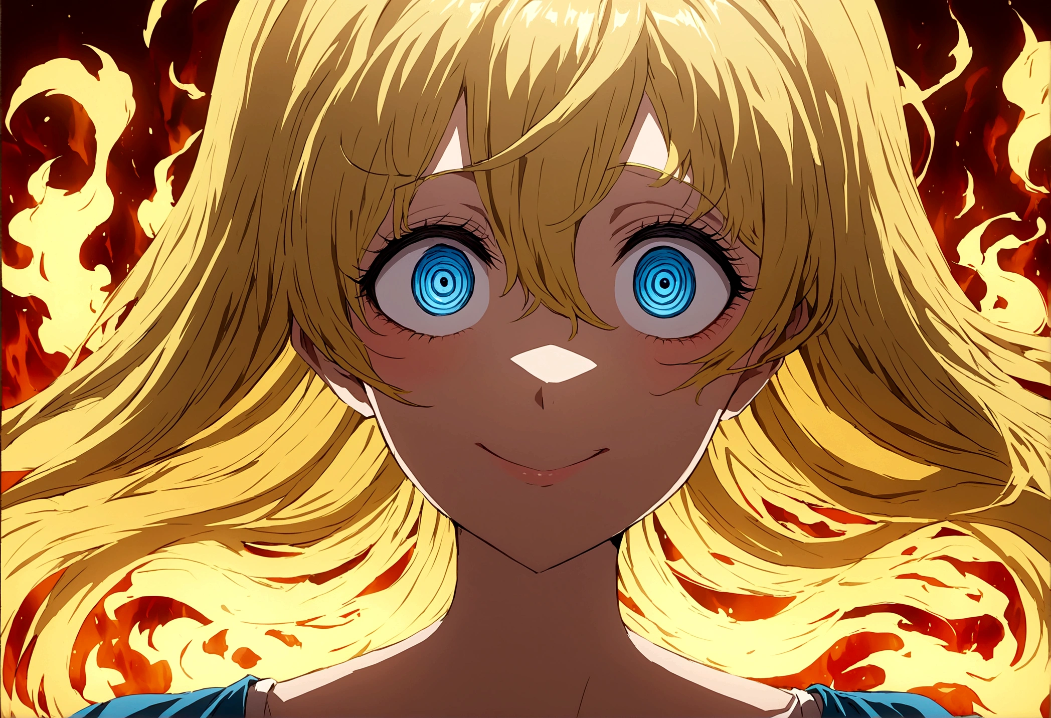 Too many Crazy eyes laughing Yandere Crazy anime woman. Looking. Blue Shining eyes. Yellow hair, Fire Background