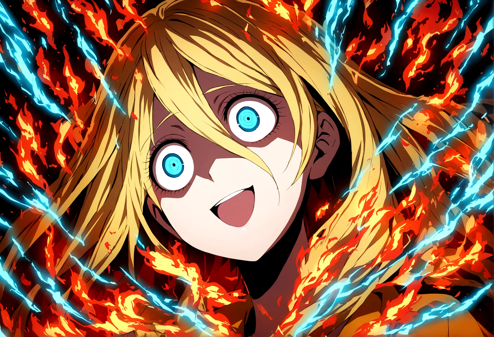 Too many Crazy eyes laughing Yandere Crazy anime woman. Looking. Blue Shining eyes. Yellow hair, Fire Background