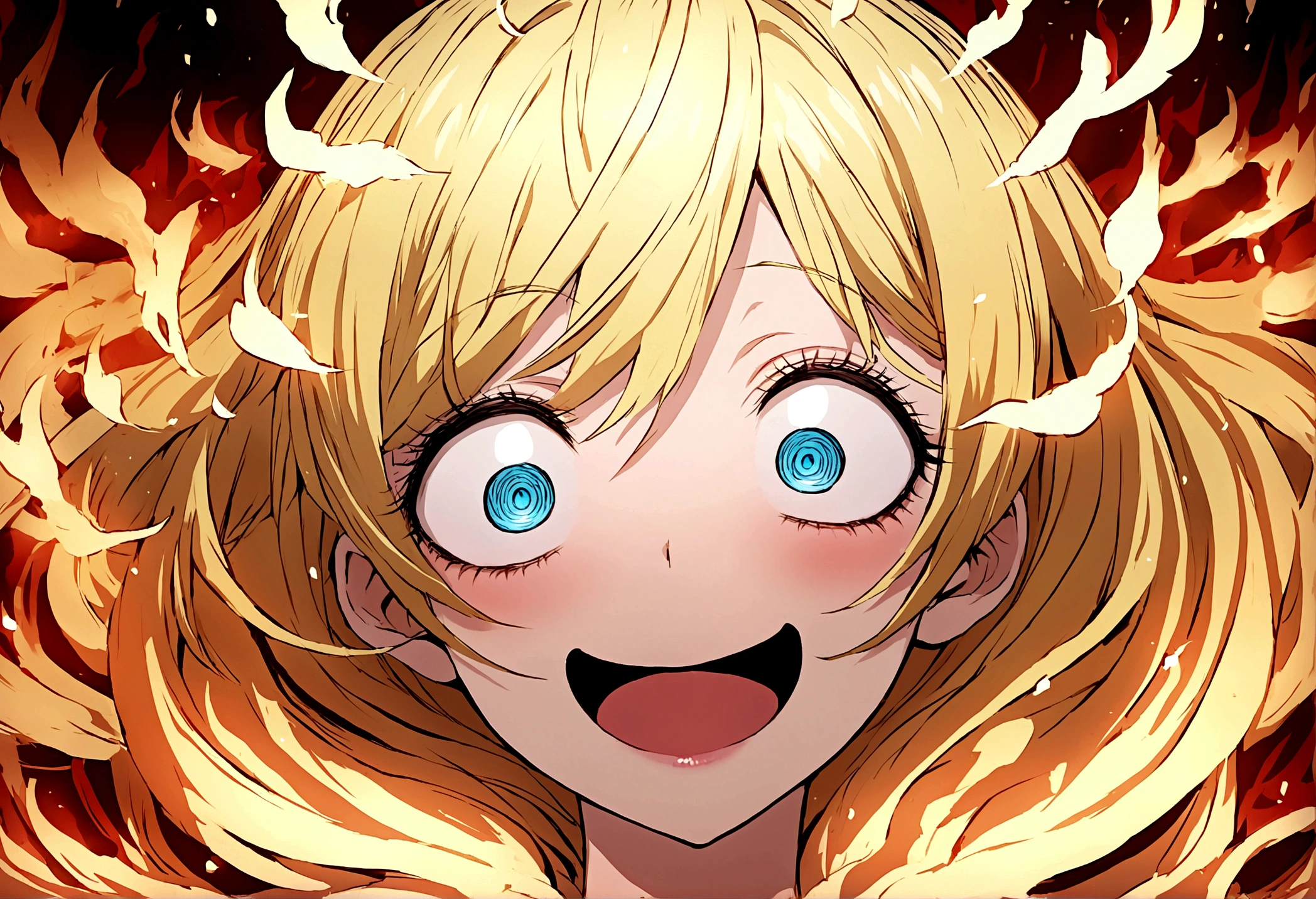 Too many Crazy eyes laughing Yandere Crazy anime woman. Looking. Blue Shining eyes. Yellow hair, Fire Background