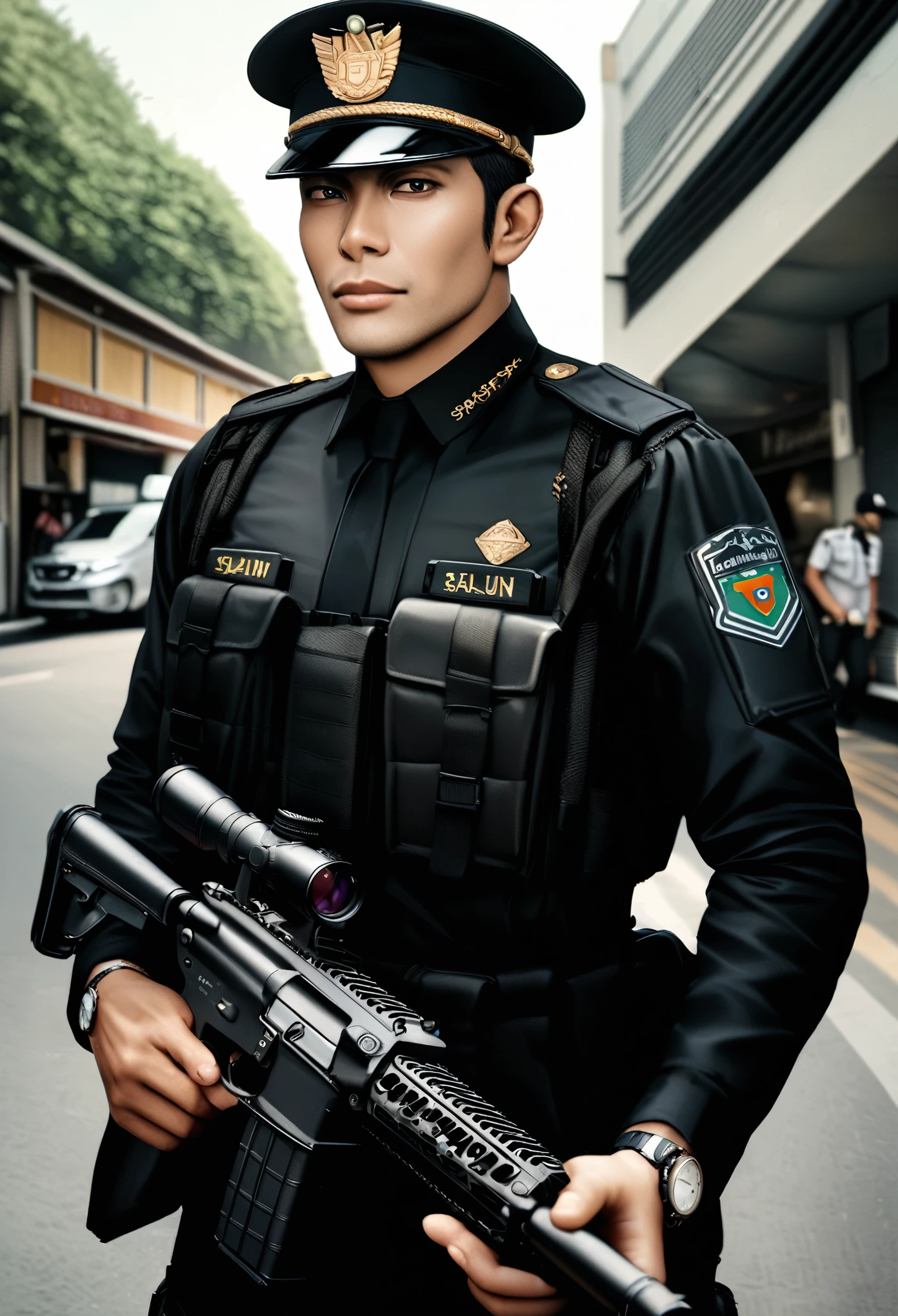 Handsome Indonesian special police, posing in front, holding airsoft, black special uniform with name written ("M.SAIUN") wearing a sophisticated watch, vehicle background, hyper realistic, photography, uHD 8k, HD, camera from a distance.