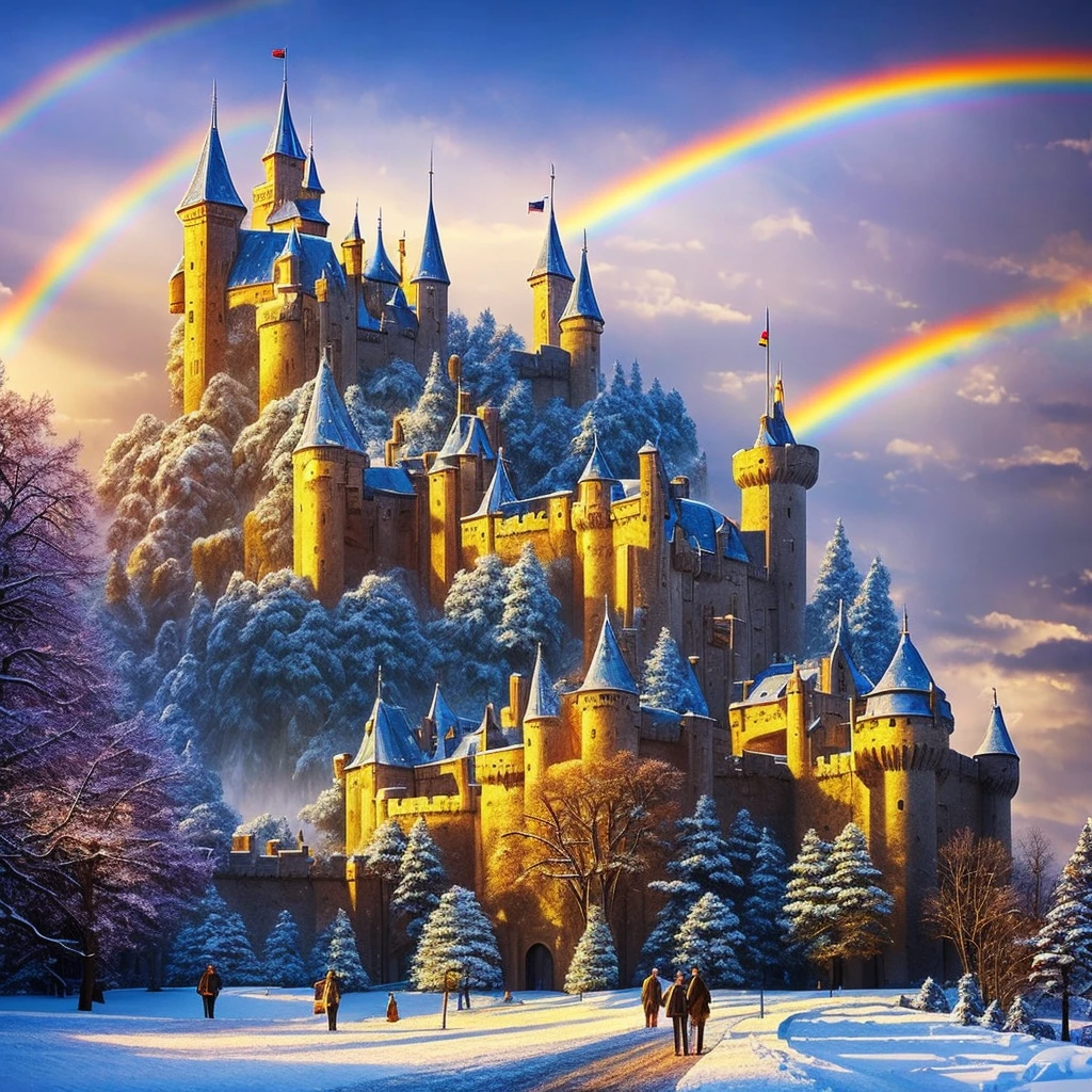 Realistic, walks out of the castle, ( castle in background ),rainbow,fractal art,snow