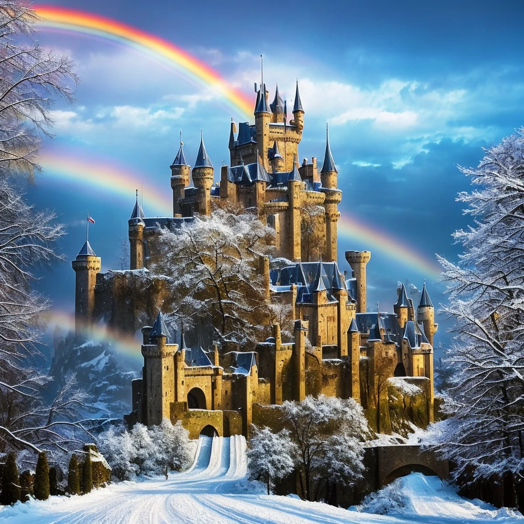 Realistic, walks out of the castle, ( castle in background ),rainbow,fractal art,snow