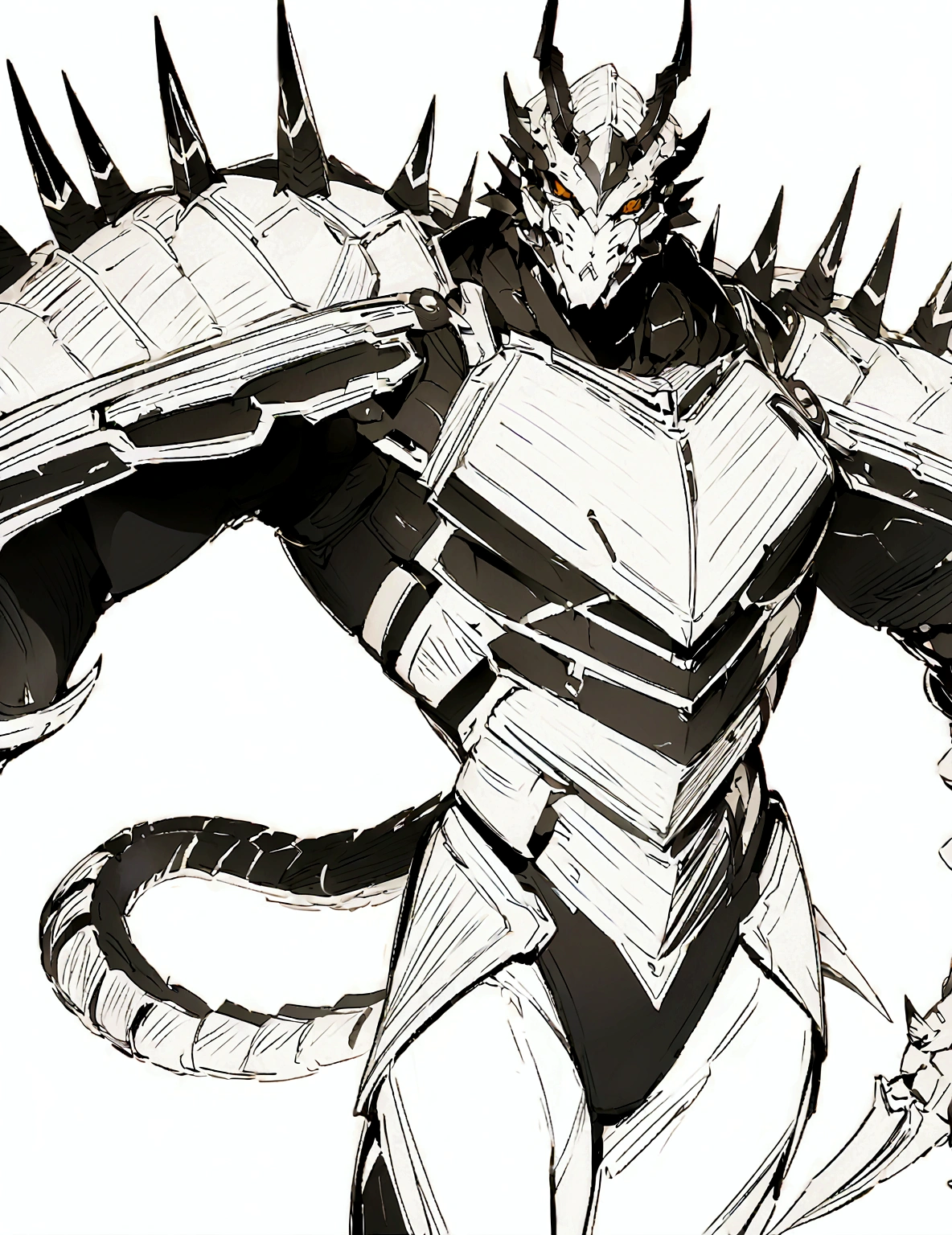 a drawing of a man with a large horned head and a sword, dragon cyborg, cyborg dragon portrait, sharp robot dragon claws, with scaly-looking armor, male robotic anthro dragon, well armored mech dragon, with robot dragon head, robot mecha female dragon head, robot dragon claws, greek god in mecha style, mecha inspired, dragon inspired armor, clean lines, clean lineart, smooth, refined, details, clean lines, clean lineart, smooth, refined, details