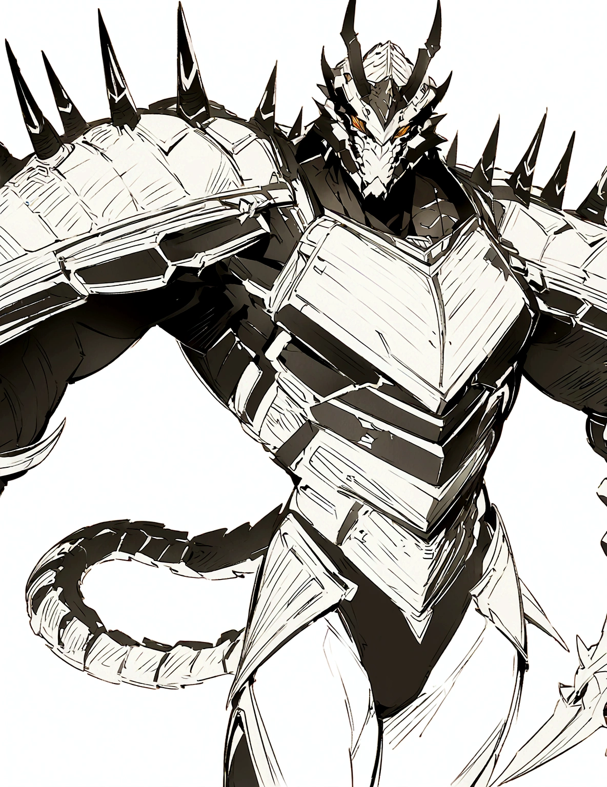 a drawing of a man with a large horned head and a sword, dragon cyborg, cyborg dragon portrait, sharp robot dragon claws, with scaly-looking armor, male robotic anthro dragon, well armored mech dragon, with robot dragon head, robot mecha female dragon head, robot dragon claws, greek god in mecha style, mecha inspired, dragon inspired armor, clean lines, clean lineart, smooth, refined, details, clean lines, clean lineart, smooth, refined, details