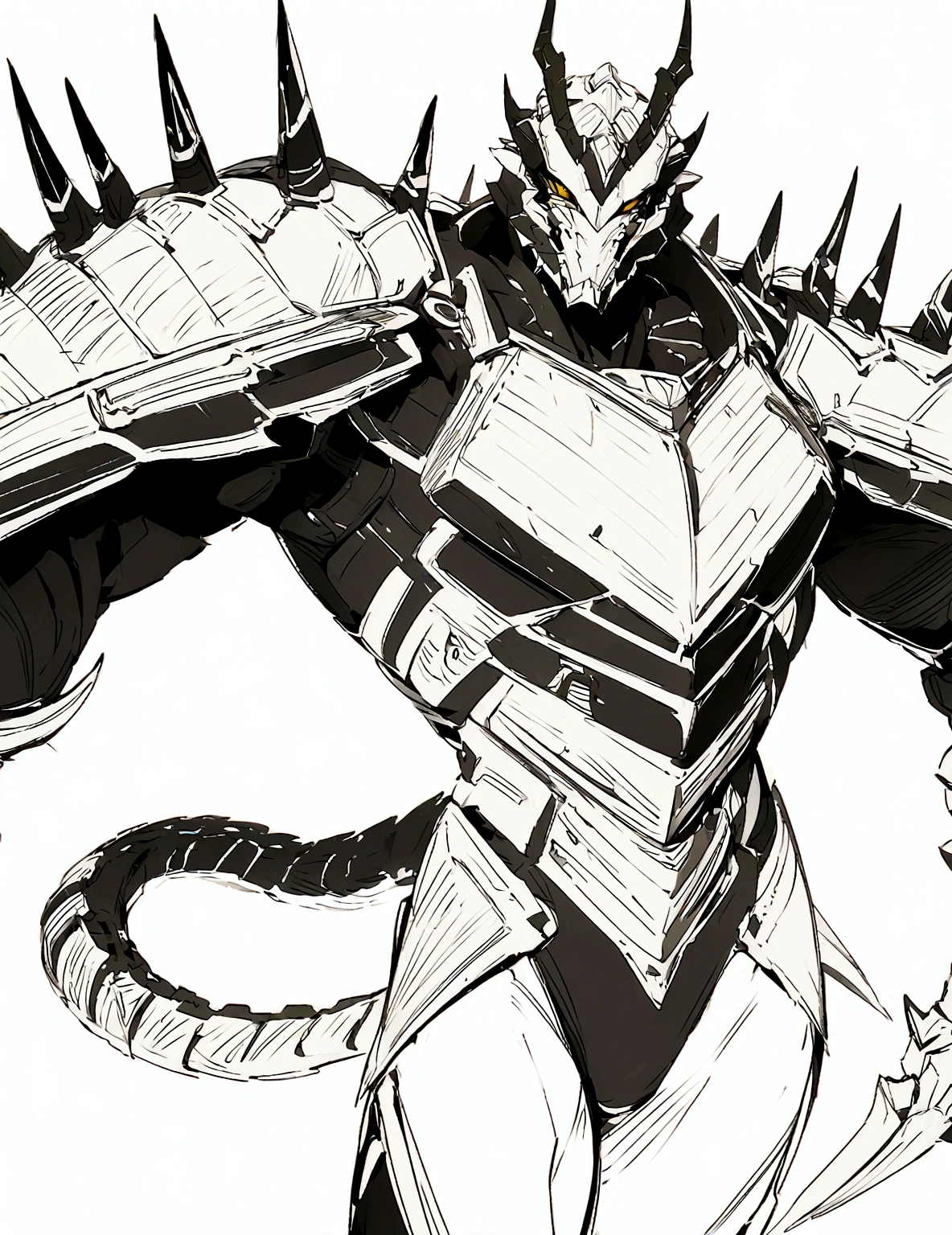 a drawing of a man with a large horned head and a sword, dragon cyborg, cyborg dragon portrait, sharp robot dragon claws, with scaly-looking armor, male robotic anthro dragon, well armored mech dragon, with robot dragon head, robot mecha female dragon head, robot dragon claws, greek god in mecha style, mecha inspired, dragon inspired armor, clean lines, clean lineart, smooth, refined, details, clean lines, clean lineart, smooth, refined, details