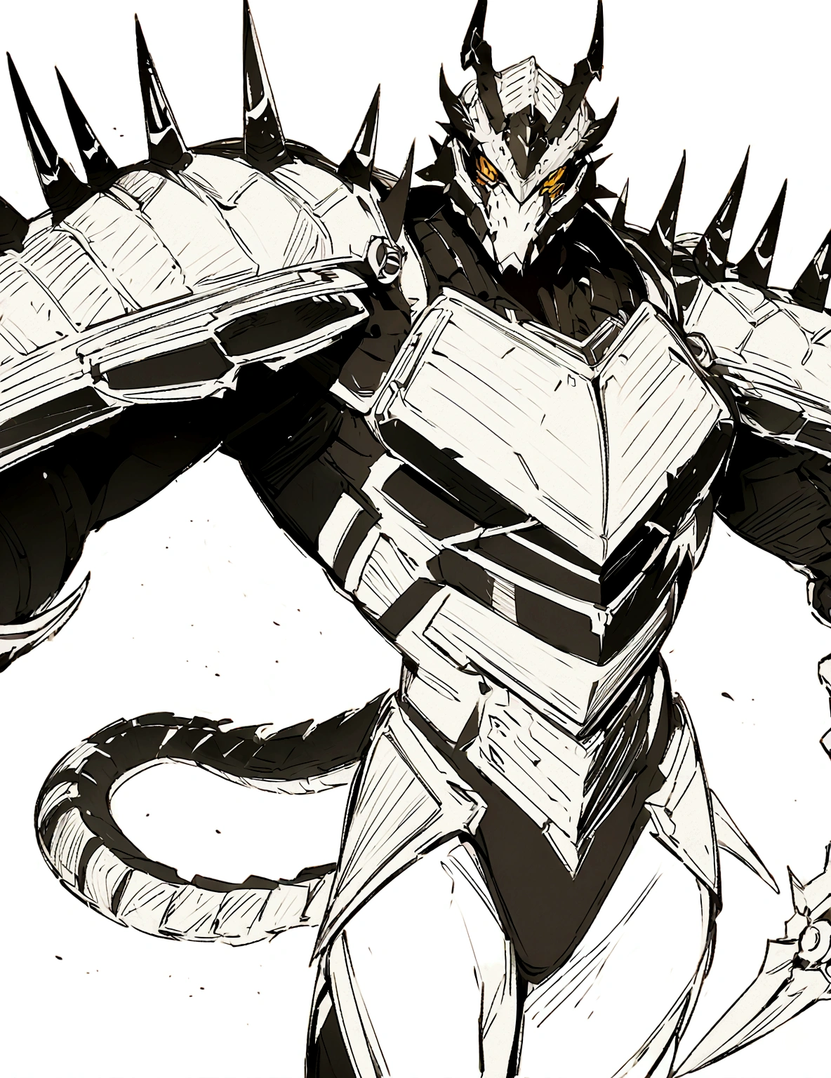 a drawing of a man with a large horned head and a sword, dragon cyborg, cyborg dragon portrait, sharp robot dragon claws, with scaly-looking armor, male robotic anthro dragon, well armored mech dragon, with robot dragon head, robot mecha female dragon head, robot dragon claws, greek god in mecha style, mecha inspired, dragon inspired armor, clean lines, clean lineart, smooth, refined, details, clean lines, clean lineart, smooth, refined, details