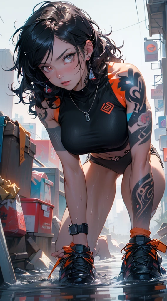 girl sporty,((attractive and muscular girl)),(tomboy),
(large :1.4),saggy breastsck hair:1.35,curly hair, disheveled hair:1.3,very long hair:1.4,colored inner hair,ear breathing))),((heterochromia:1.5, (orange_eye and red_eye))),intricate eyes,beautiful detailed eyes,symmetrical eyes,(((lustrous skin:bright skin: 1.5,skin tanned,shiny skin,very shiny skin,shiny body,plastic glitter skin,exaggerated shiny skin,illuminated skin, wet legs))),(spider lower abdomen,narrow waist,wide hip,athletic body,inflated legs,detailed body),(((muscle legs,muscular thighs,muscular girl,strong and muscular,bodybuilder,strong body,muscular,feminine and muscular,ABS))),(detailed face),(((tattoos:1.5))),
cute,slutty,seductive,erotic,(((nsfw))),ai ryouiki,((tight sports bra, tight sports panties, ((orange and blthes)))),((wet clothes,intricate outfit,intricate clothes)),
(dynamic pose:1.0),annoyed,(centered,scale to fit dimensions,Rule of thirds),
cyberpunk city by the ocean at night, with bright neon signs and dark stormy clouds and puddles, scenery:1.25,nighttime, starry night, cosmos,Very dark night that makes the neon lights stand out, very bright neon lights,
artistic photography,(photography taken by sldr),highres, sharp focus,(ultra detailed, extremely detailed), (photorealistic artwork:1.37),(extremely detailed CG unity 8k wallpaper),((synthwave background theme)),(((vibrant colors))),intricate,(intricate background),(masterpiece),(best quality),perfect rendered face,perfect face details,realistic face,photo realistic,analog style,((intricate detail((realism))), Hyperrealistic version of a woman kneeling down with a sword in her hand, very beautiful cyberpunk samurai, anime cyberpunk art, cyberpunk samurai, cyberpunk anime art, anime cyberpunk, cgsociety 9, digital cyberpunk anime art, style of maciej kuciara.1girl, samurai armor, helmet oni evil mask,intricate, ornaments detailed, cold colors, metal, egypician detail, highly intricate detai