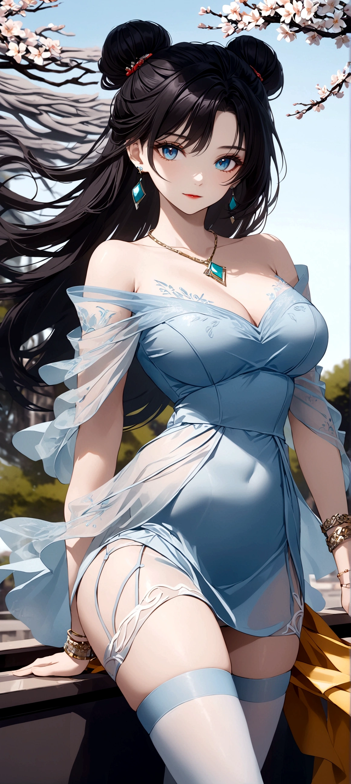 1girl, solo, long hair, breasts, looking at viewer, blue eyes, black hair, thighhighs, dress, bare shoulders, jewelry, cowboy shot, earrings, necklace, hair bun, white dress, bracelet,