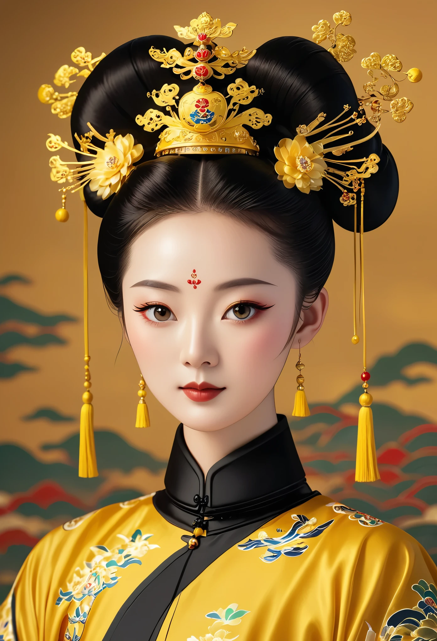 Solemn girl portrait，symmetry，Round Face，Bright Eyes，Smooth skin，Elegant and luxurious，Wealth，Gorgeous black and gold costumes，Chinese Qing Dynasty flag costumes,Selfish,Chinese Emperor，High bun，Gorgeous golden crown，tassel，palace，Clean background