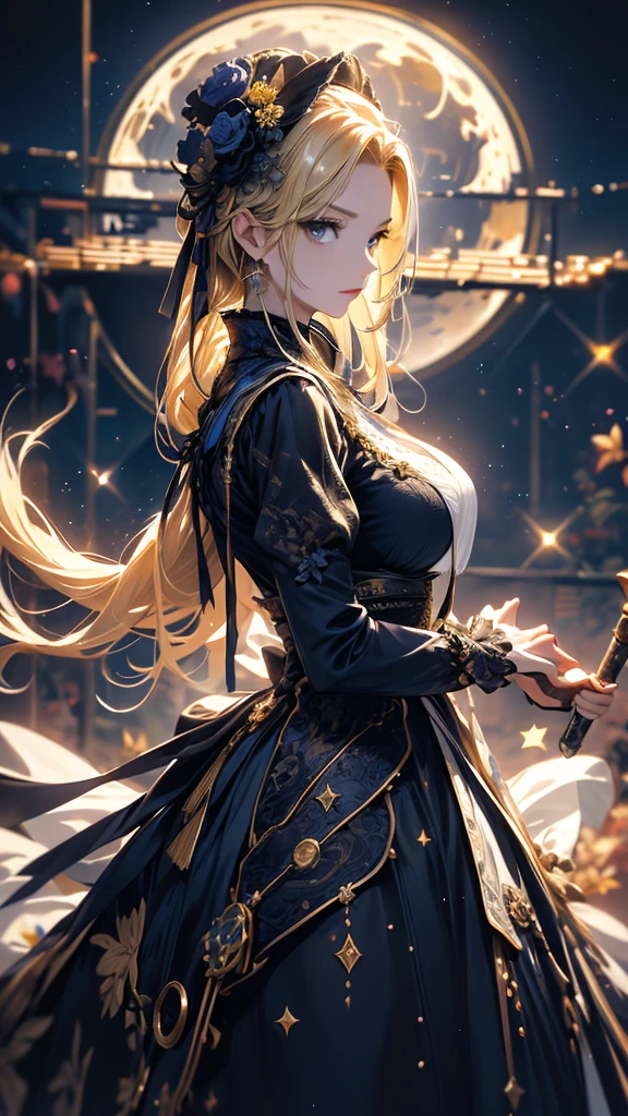 masterpiece, high quality, 4K, Beautiful design, silhouette,blonde, 非常に詳細な夜のStarry Sky,Flower Field, wonderful, Finer details, Very knowledgeable woman, Highly detailed solo, 1 female,Big Breasts,Gothic Lolita Fashion,Night view,Starry Sky,full moon,