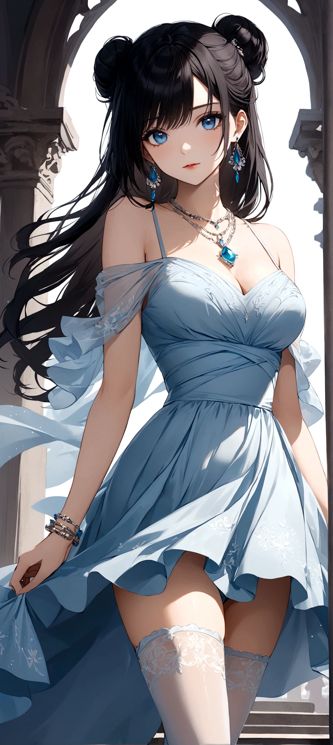 1girl, solo, long hair, breasts, looking at viewer, blue eyes, black hair, thighhighs, dress, bare shoulders, jewelry, cowboy shot, earrings, necklace, hair bun, white dress, bracelet, 