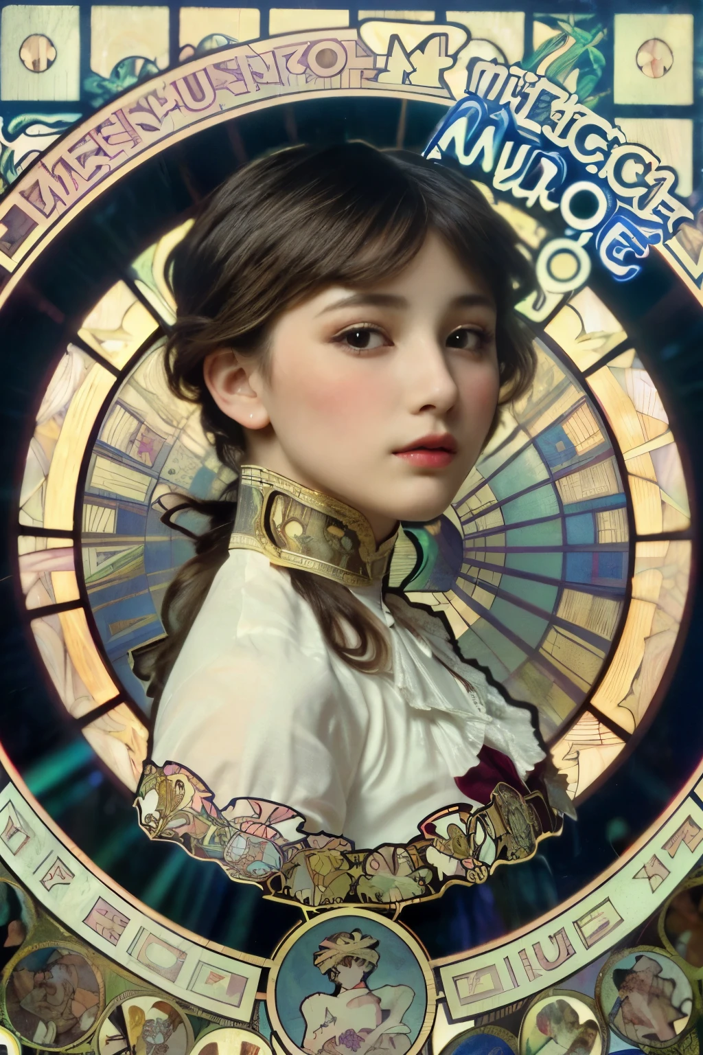 ((masterpiece:1.4, Highest quality)), (Realistic photos:1.4), (artwork),
((1 Girl)), (Otherworldly beauty), (dream-like),
(超High resolution:1.2), Very delicate and beautiful, wonderful, Very detailedな CG Unity 8k 壁紙, Very detailed, High resolution,
Soft Light, Beautiful detailed girl, Very detailedな目と顔, Beautiful and exquisite nose, Beautiful and exquisite,
(Dressed in early 20th century French costume:1.3),
Cinema Lighting, Perfect Anatomy, Slender body, (Parted bangs),
(Portrait of a Girl by Alphonse Mucha:1.5), (Abstract Background), (Designed picture background),
Cowboy Shot