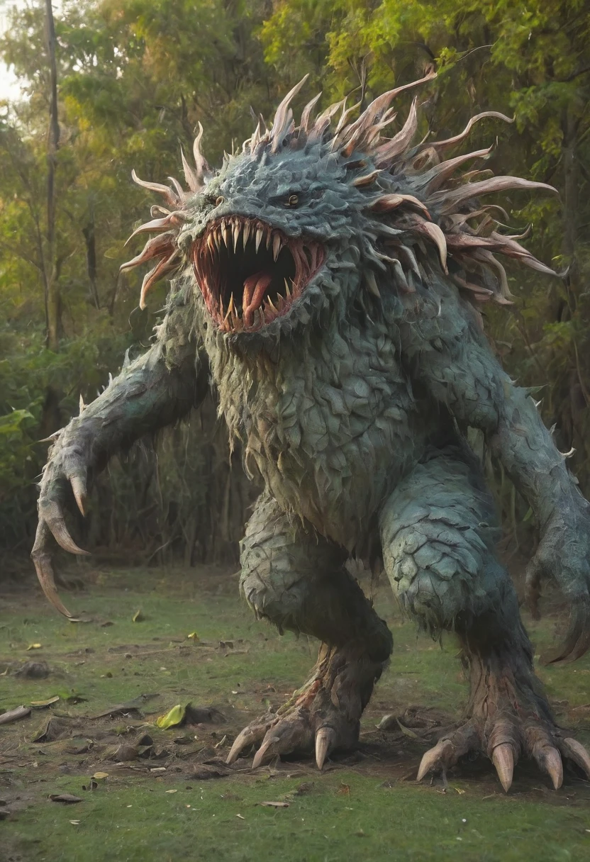  enormous monster with tentacles of meat and horns of goat, eyes on fire, deformed body, disfigured head, mutated limds, dirty fur, disgusting, wrong anatomy, shapeless, distorted, foggy forest, creepy atmosphere, horror ambient, alien