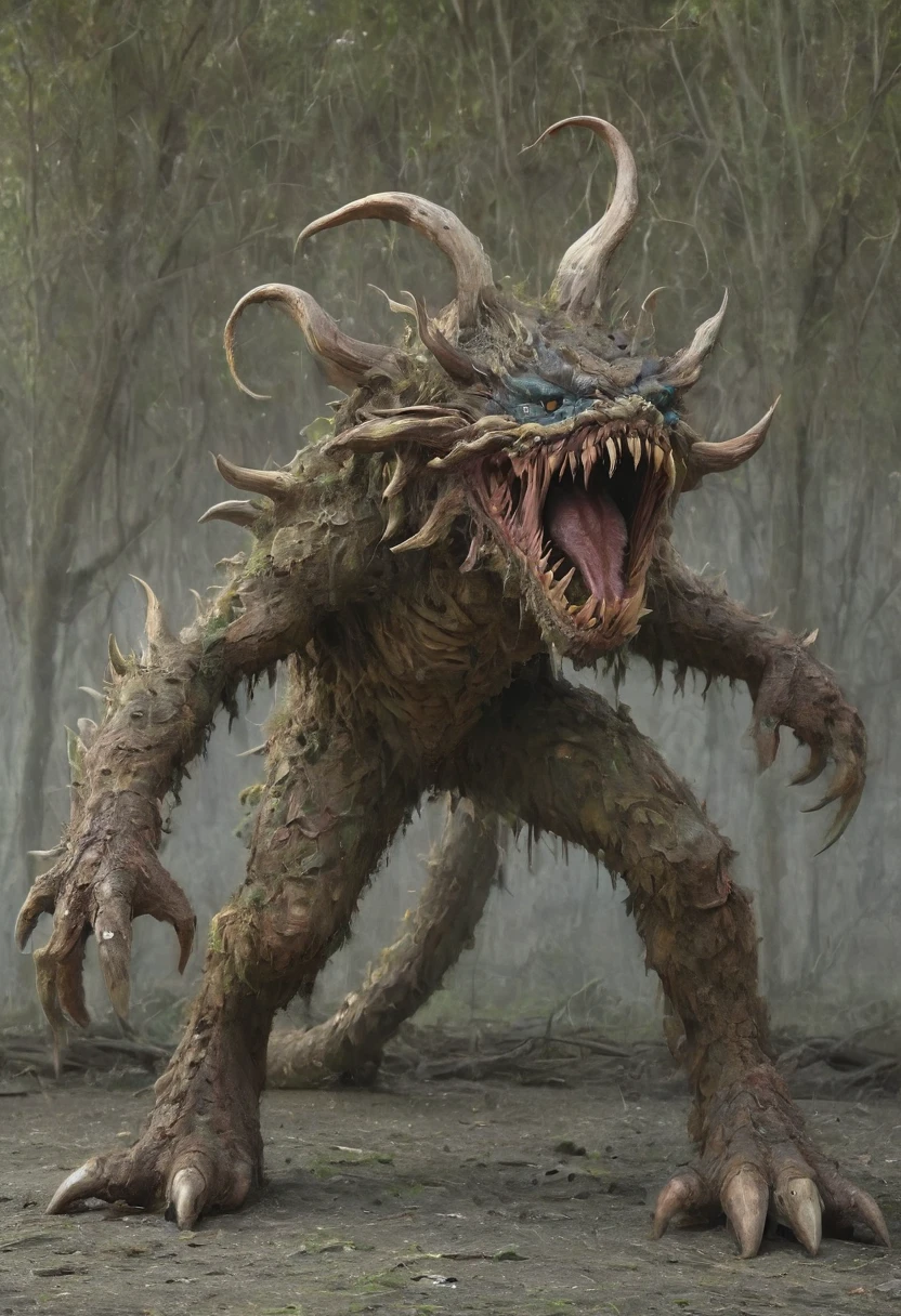 enormous monster with tentacles of meat and horns of goat, eyes on fire, deformed body, disfigured head, mutated limds, dirty fur, disgusting, wrong anatomy, shapeless, distorted, foggy forest, creepy atmosphere, horror ambient, alien