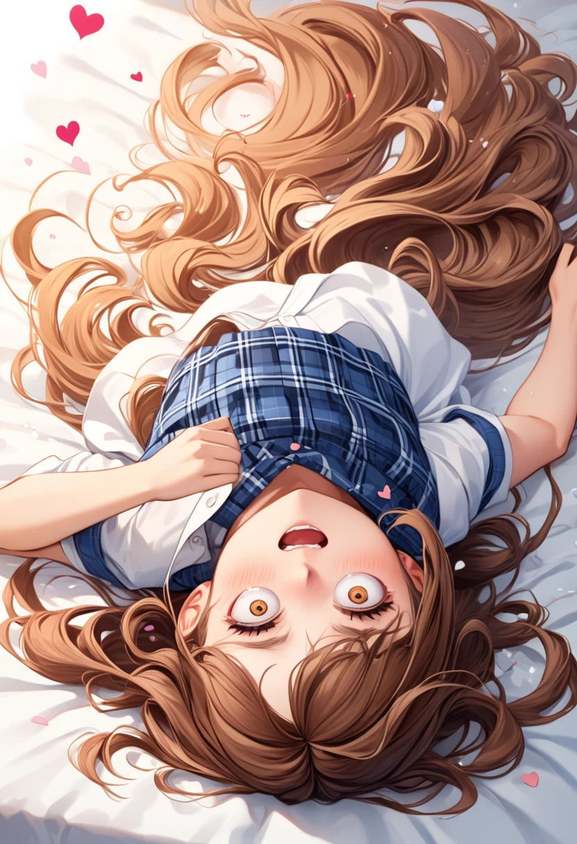 detailed illustration, dynamic angle, ultra-detailed, illustration, 1girl, 18 year old, school girl, wavy brown hair, long hair, bright brown eyes, hearts, white shirt, blue plaid skirt, cleavage, flush, blush, arousal, laying on bed, drunk, dizzy, swirl eyes, wide eyes, open mouth, confused