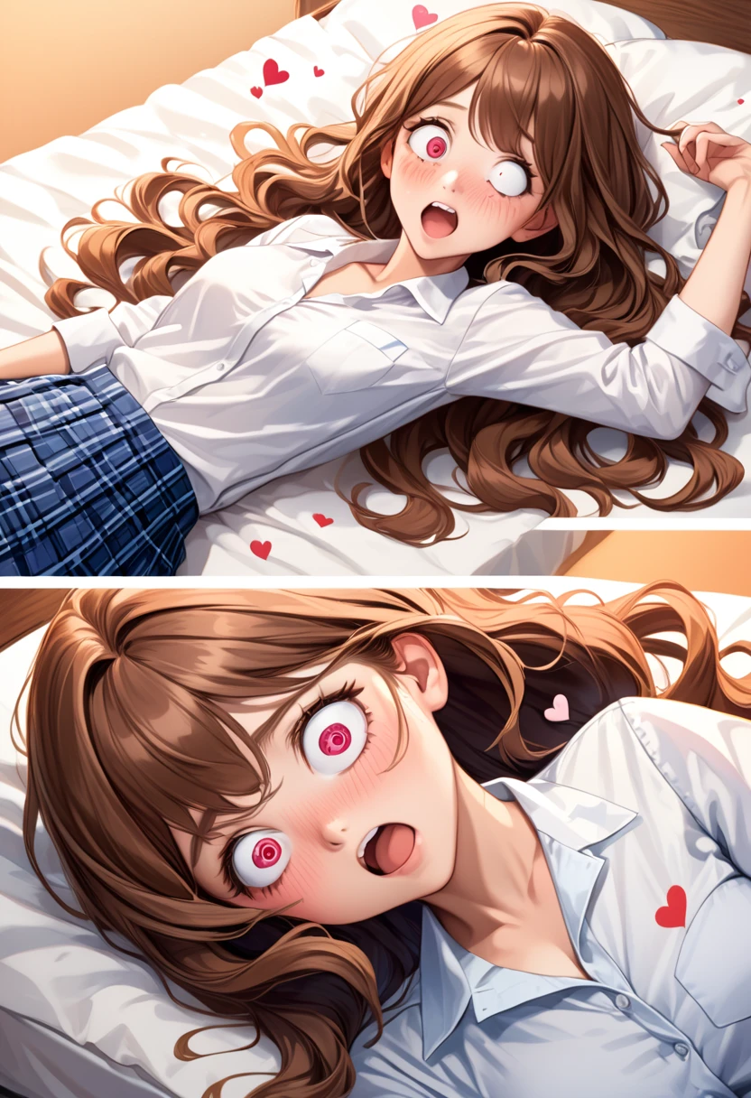 detailed illustration, dynamic angle, ultra-detailed, illustration, 1girl, 18 year old, school girl, wavy brown hair, long hair, bright brown eyes, hearts, white shirt, blue plaid skirt, cleavage, flush, blush, arousal, laying on bed, drunk, dizzy, swirl eyes, wide eyes, open mouth, confused