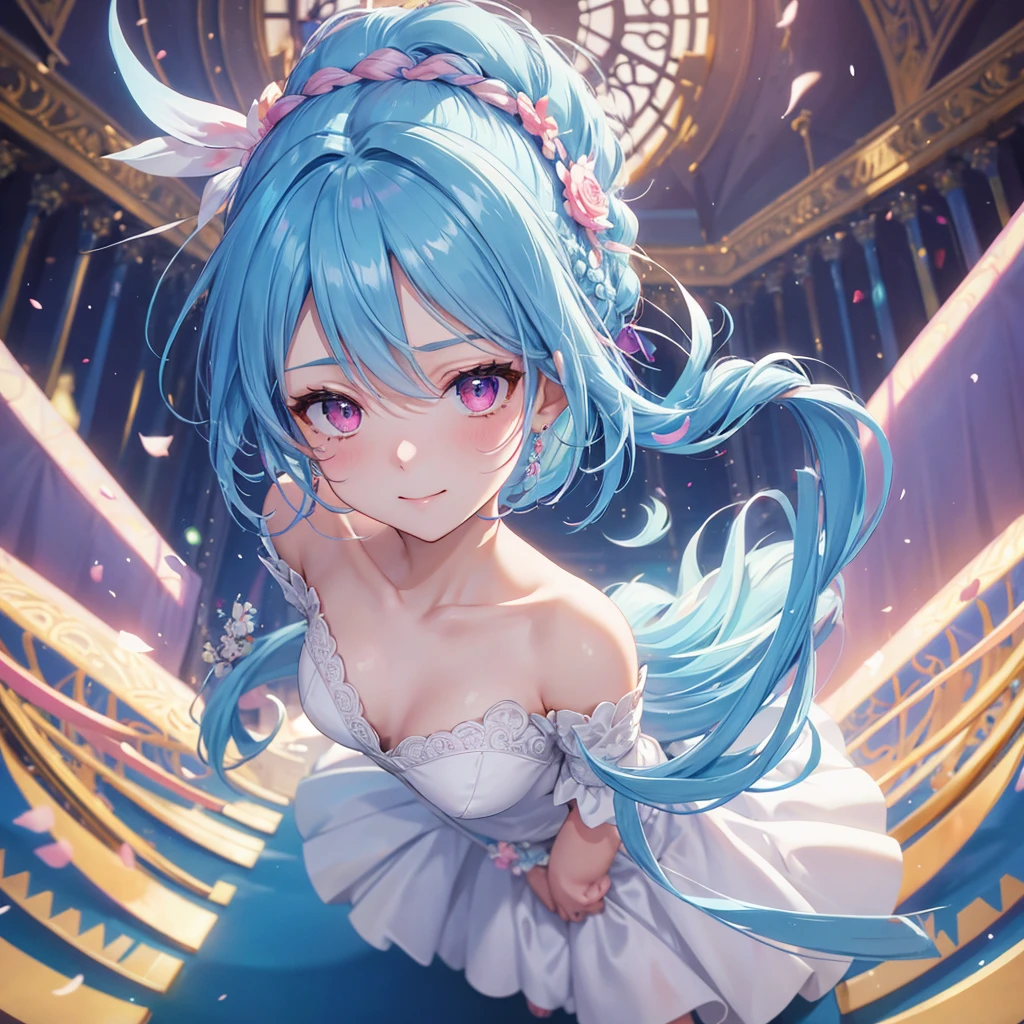 sky Blue hair, (braided ponytail),(pink eyes),fair skin ,(full body),(1 girl),bride,happy smile,Straight Bangs, June Bride,Wedding dress,(masterpiece, best quality, ultra-detailed, best shadow), (detailed background), (beautiful detailed face), high contrast, (best illumination, an extremely delicate and beautiful), ((cinematic light)), colorful, hyper detail, dramatic light, intricate details,Wedding hall,Glaring Sun,