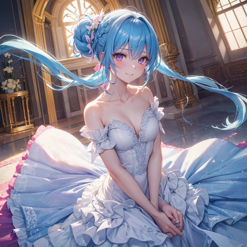 sky Blue hair, (braided ponytail),(pink eyes),fair skin ,(full body),(1 girl),bride,happy smile,Straight Bangs, June Bride,Wedding dress,(masterpiece, best quality, ultra-detailed, best shadow), (detailed background), (beautiful detailed face), high contrast, (best illumination, an extremely delicate and beautiful), ((cinematic light)), colorful, hyper detail, dramatic light, intricate details,Wedding hall,Glaring Sun,