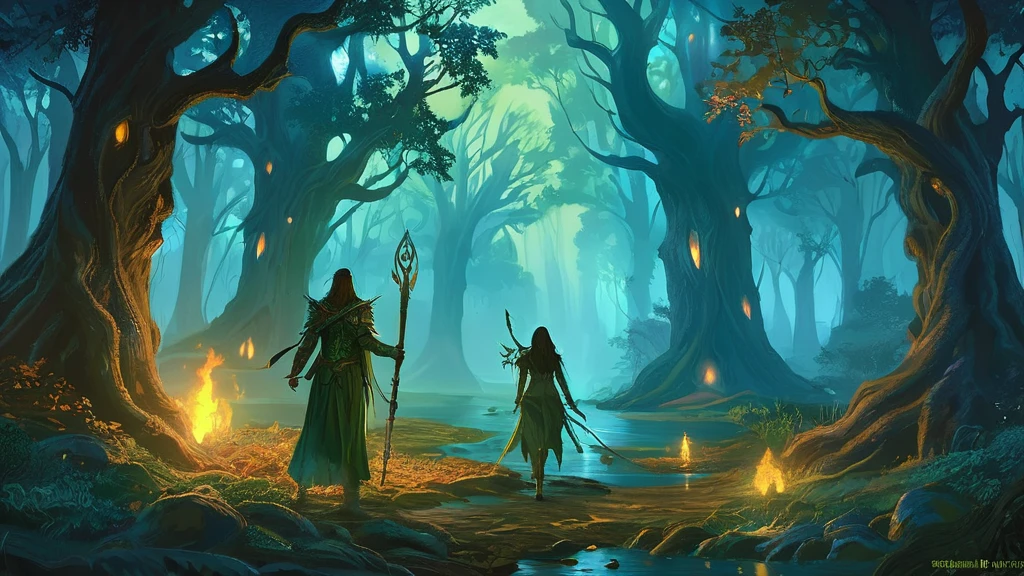 Under the ancient canopy of the Whispering Woods, two elven siblings stand as the eternal guardians of their mystical realm. The boy, with his short, tousled hair the color of autumn leaves, and the girl, with her long, flowing tresses reminiscent of moonlight on water, embody the ethereal beauty and strength of the elven race.
Clad in intricately crafted leather armor adorned with symbols of the forest, they move silently through the twilight shadows, their keen eyes ever watchful for intruders. The boy carries a finely carved bow, its string taut with readiness, while the girl wields a slender, gleaming dagger, the blade humming with ancient enchantments.
The forest around them is alive with the murmurs of hidden creatures and the rustling of unseen entities. Gnarled roots twist like serpents beneath the mossy ground, and the air is thick with the scent of damp earth and wildflowers. In the distance, the glow of bioluminescent fungi casts an eerie light, illuminating their path.
These siblings are the keepers of the woods, sworn to protect the ancient secrets and sacred groves from the encroaching darkness. As night falls and the forest whispers tales of forgotten magic and lurking dangers, they stand resolute, ready to defend their home against any who dare to threaten its sanctity.
In this medieval dark fantasy, the bond between the elven brother and sister is as unyielding as the ancient trees they guard, their destiny intertwined with the very soul of the forest they cherish."
