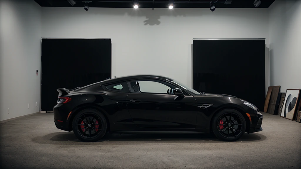 black sports car, modern, minimalistic, in a studio, side profile