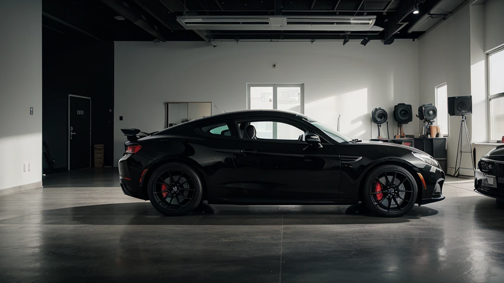 black sports car, modern, minimalistic, in a studio, side profile