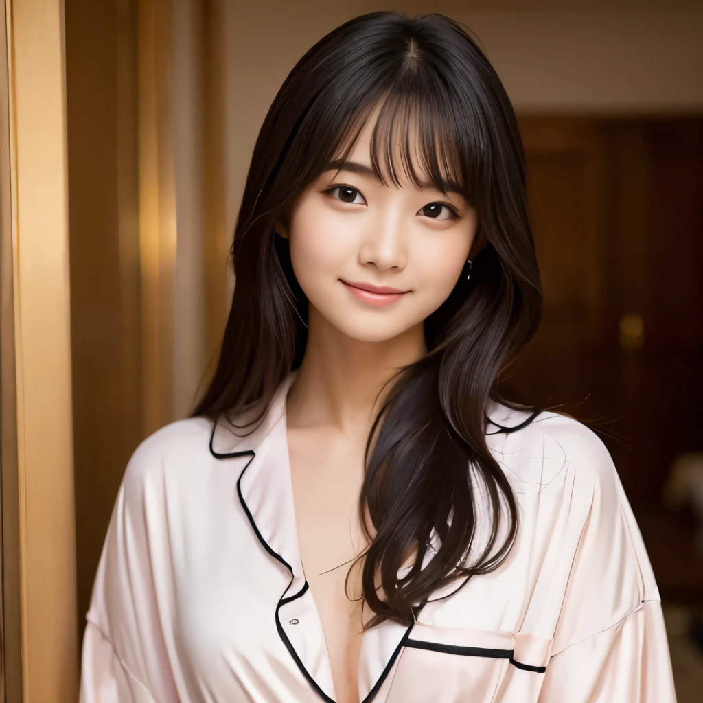 Best-quality, Masterpiece, Ultra-High-Resolution, (Photorealistic:1.9), Raw-Photo, 1girl, 18-years-old, the most famous Japanese idol, at luxury-hotel-suits, dynamic-pose, (((wearing only gorgeous pajamas))), ((extremely cute face like the most popular Japanese idol, ((extremely cute and extremely big black-eyes)), extremely beautiful hair, extremely cute lips, extremely beautiful skins)), innocent-smile, detailed luxury-hotel-suits, detailed gorgeous-evening-dress