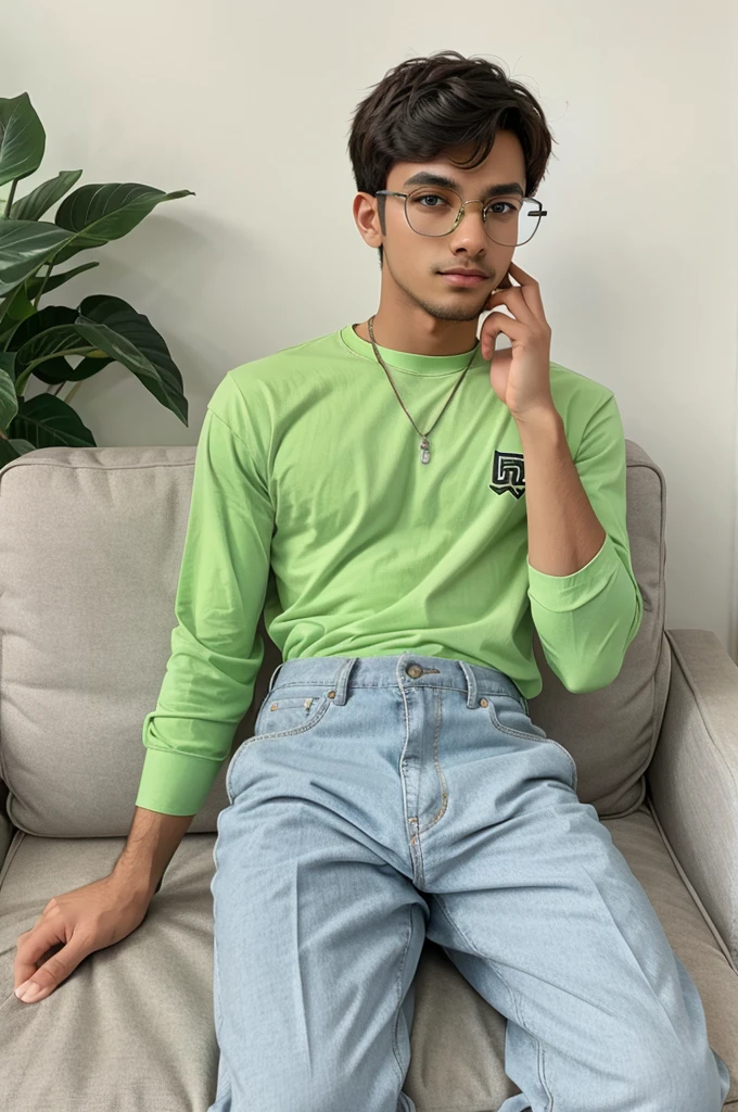 Create 3D picture of a beautiful 18 year old boy sitting on the white sofa set chair, the boy is wearing a neon green shirt and whit pant, background wall decorate in flower and leaves and written on capital Big font white colour “VISHAL” and wing are green colour look like angel. black glassesglasses on eyes