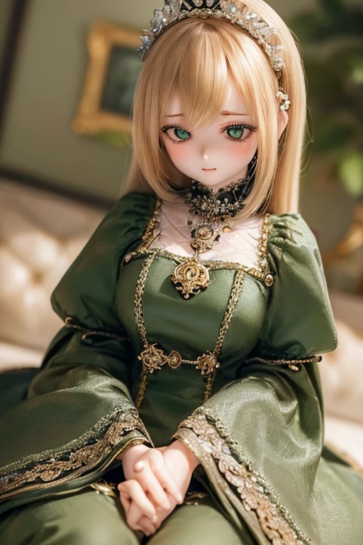 photorealistic, realistic photo, ((highest quality)), ((masterpiece)), (extremely detailed), kukolnydom, doll, (mature woman:1.7), solo, eye level shot, sitting on sofa, hands on knees, green eyes, (looking down, blank eyes, empty eyes, detailed eyes:1.3), light smile, dress, museum, 8k