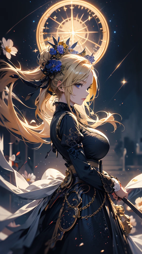 masterpiece, high quality, 4K, Beautiful design, silhouette,blonde, 非常に詳細な夜のStarry Sky,Flower Field, wonderful, Finer details, Very knowledgeable woman, Highly detailed solo, 1 female,Big Breasts,Gothic Lolita Fashion,Night view,Starry Sky,full moon,