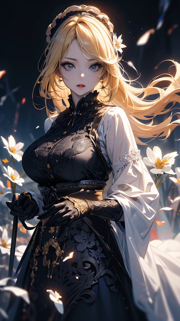 masterpiece, high quality, 4K, Beautiful design, silhouette，blonde， 非常に詳細な夜のStarry Sky,Flower Field， wonderful, Finer details,  Very knowledgeable woman, Highly detailed solo, 1 female,Big Breasts，Gothic Lolita Fashion，Night view，Starry Sky，full moon，