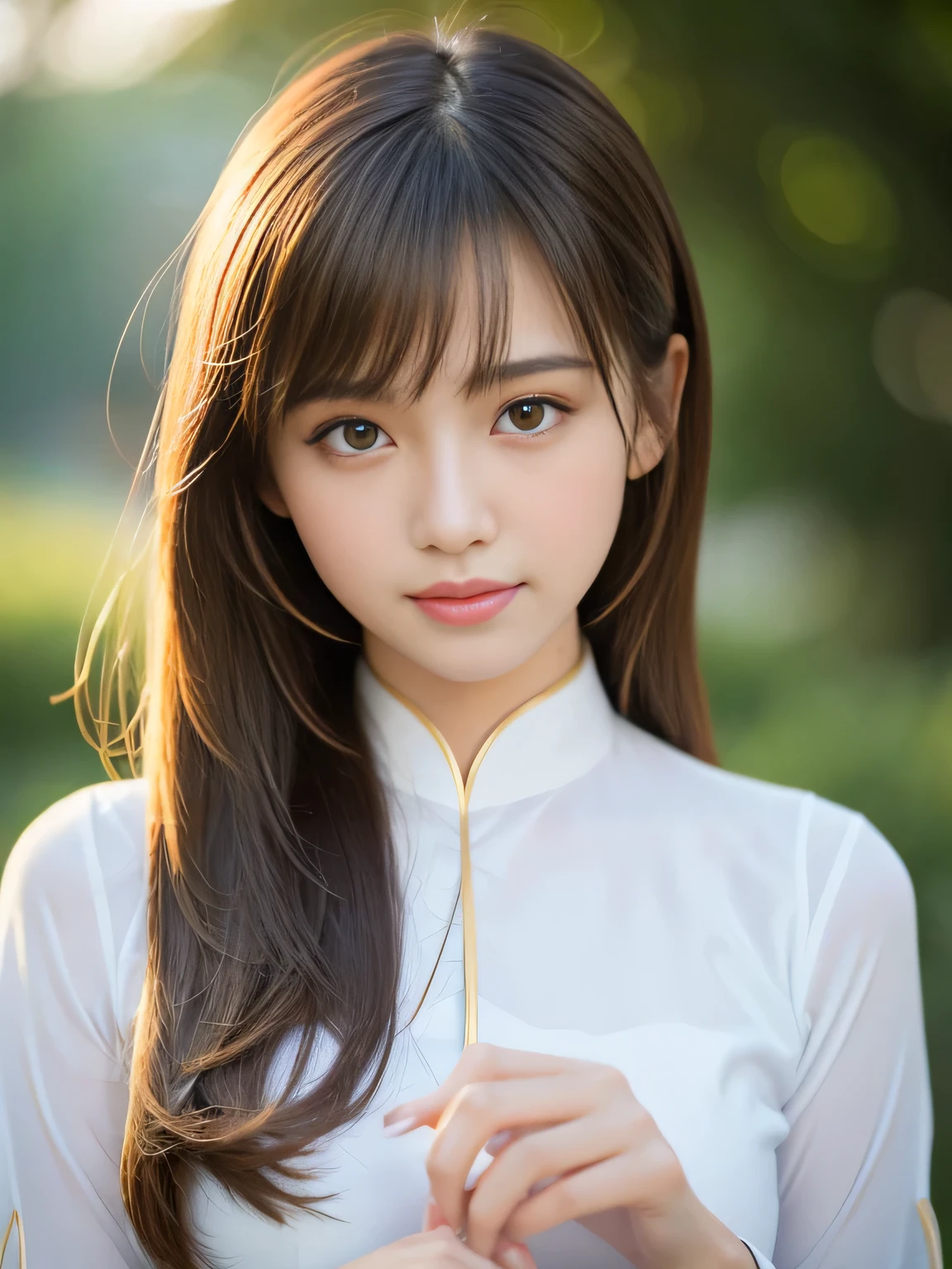 (Best Quality, 8k, 32k, Masterpiece, UHD: 1.3), Attractive Japan Woman Pictures, One Girl, 19 years old , Abs, Perfect Body, Ultra Detailed Face, Detailed Lips, Fine Eyes, Double Eyelids, seductive smile, (white ao dai), light brown hair, asymmetrical hair, asymmetrical bangs, messy hair, elegant pose, sexy girl, Perfect female body, perfect and delicate limbs, Ho Chi Minh City