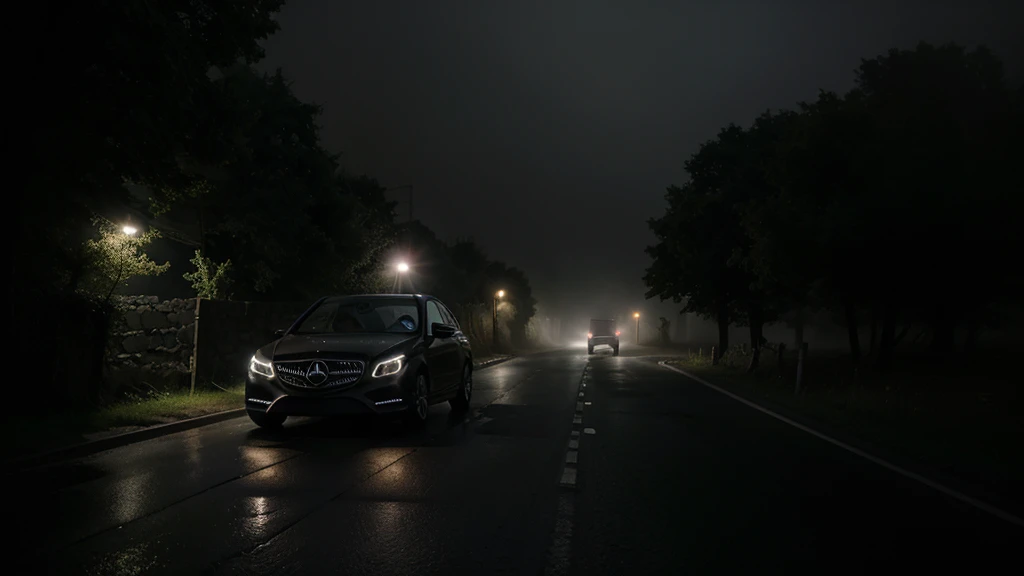 Dense Foggy Road at Night:
A black mercedes car speeding on a deserted village road shrouded in dense fog, barely visible ahead.