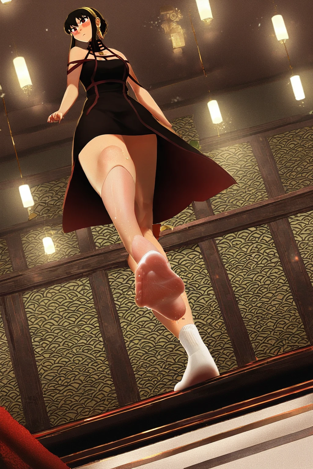 1girl,yorbriar,Yor briar,spy×family,(brunette),1girl,White calf socks，Foot sweat，Soles，Step on the perspective，blush，Standing，视角在Soles，特写Soles，Low Angle of View，Step on the perspective