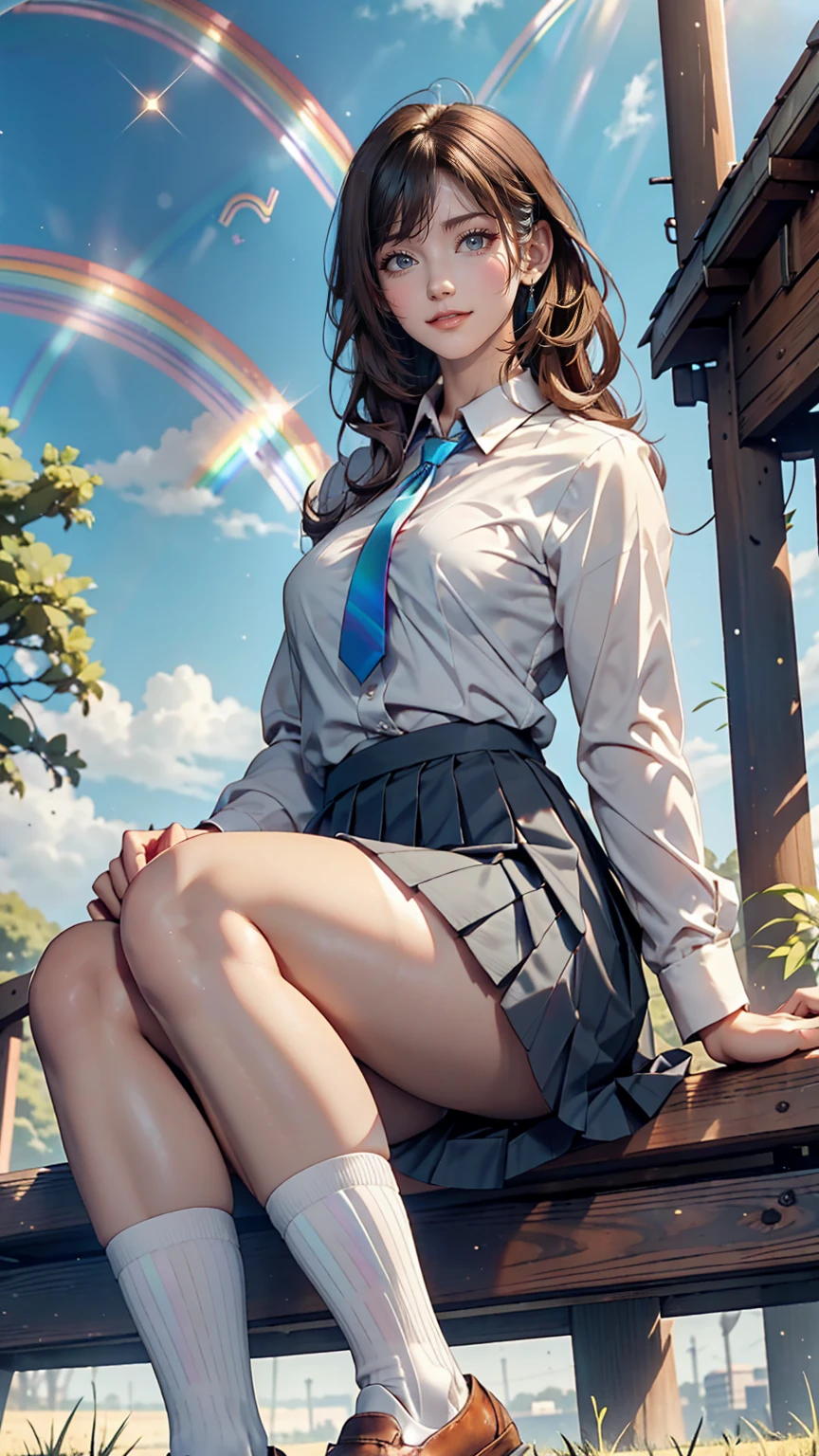 from the front, From below, White shirt, Grey pleated skirt, White socks, Loafer shoes, Medium brown hair, blue eyes, Sit on your knees, River bank, smile、17 year old female、Sexy proportions、Sexy、Narrow waist、Rainbow Hair((rainbow hair))、