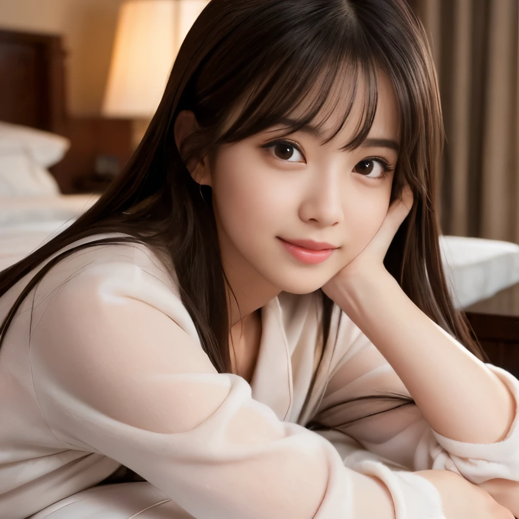 Best-quality, Masterpiece, Ultra-High-Resolution, (Photorealistic:1.9), Raw-Photo, 1girl, 18-years-old, the most famous Japanese idol, at luxury-hotel-suits, dynamic-pose, (((wearing only gorgeous pajamas))), ((extremely cute face like the most popular Japanese idol, ((extremely cute and extremely big black-eyes)), extremely beautiful hair, extremely cute lips, extremely beautiful skins)), innocent-smile, detailed luxury-hotel-suits, detailed gorgeous-evening-dress