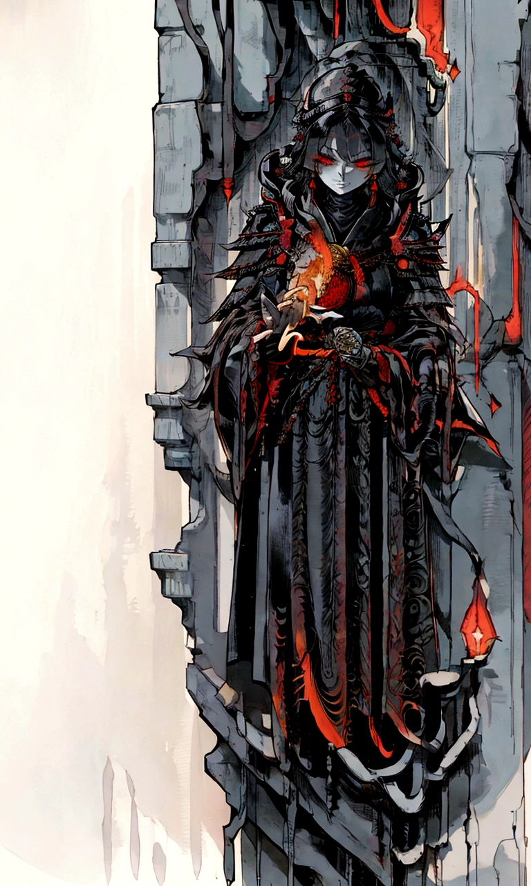 a close up of a person wearing a black and red outfit, flowing robes and leather armor, ornate cyberpunk robes, intricate fantasy robes, dark ornate royal robes, robe. extremely high details, stately robes, very detailed and rich clothing, armor and robes, ornate robes, ornate flowing robes, wizard robes, intricate robes, cloak. extremely high details