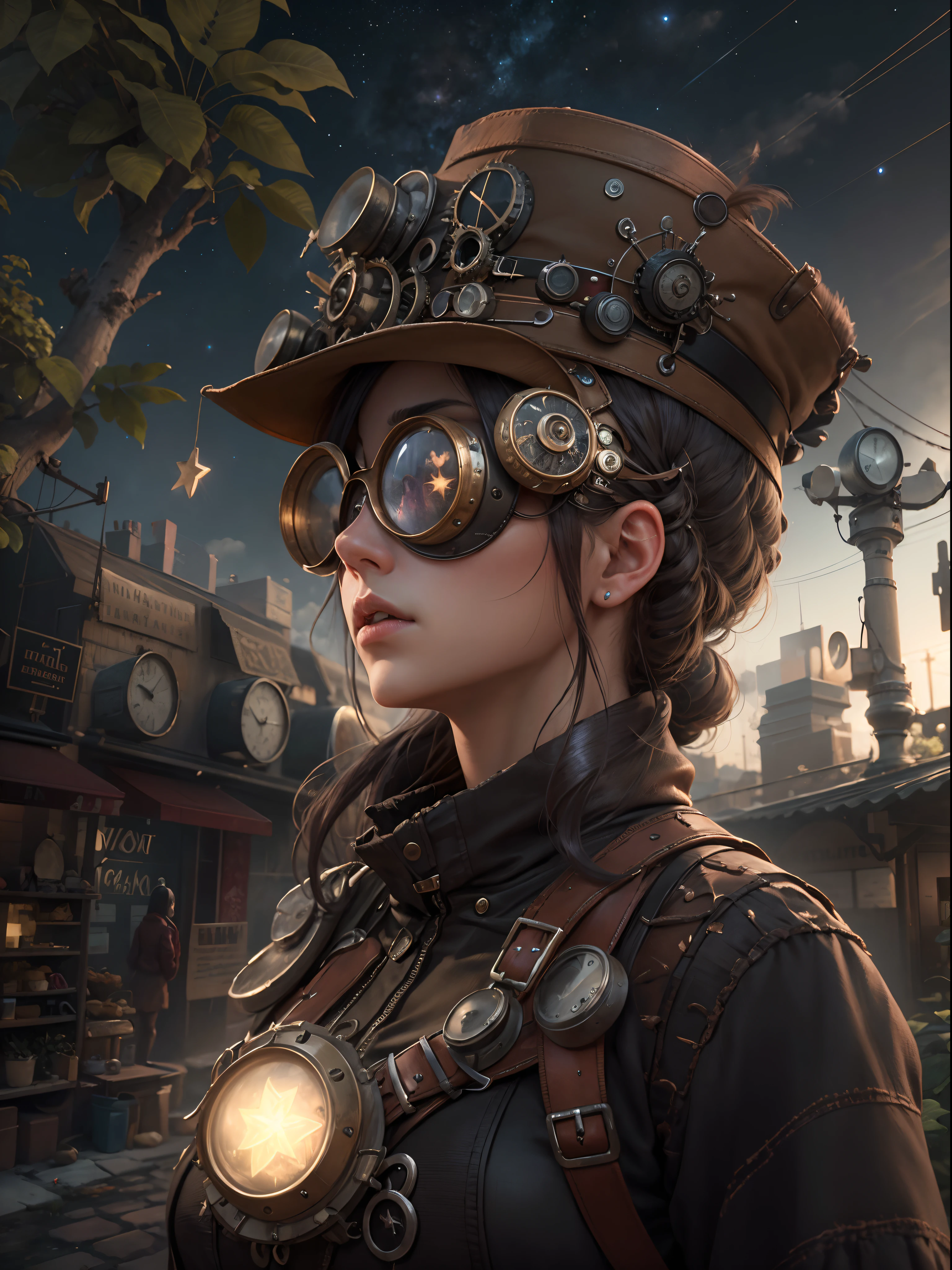 ((Best quality)) , ((Masterpiece)) , (Detailed) , （steampunc），Skilled  female philosopher, Streets and vegetation, Stars in the sky, FOV 90 degrees, Ultra detailed, hyper photorealism, hair light, fisheyelens, bitter, 8K resolution、