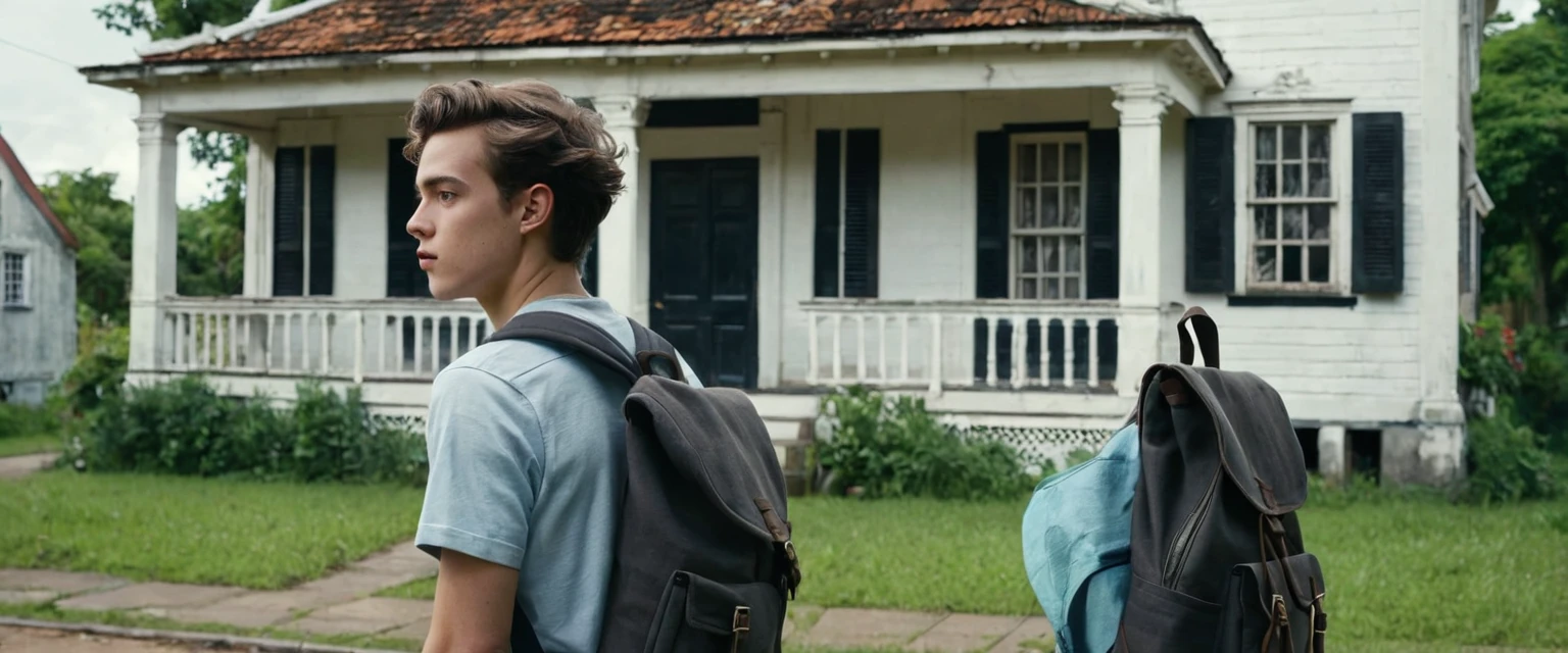 A young male student, around 22-24 years old, is standing in front of an old Dutch colonial-style house. He is wearing a simple outfit with a backpack, looking at the house with curiosity. The house has faded walls, old wooden windows, and a sturdy but worn front door. The street has a few other houses indicating a student neighborhood. The scene is set on a bright and sunny day with some clouds in the sky. The image should be super detailed, extra realistic, cinematic, capturing the sense of curiosity and historical charm. (8k)